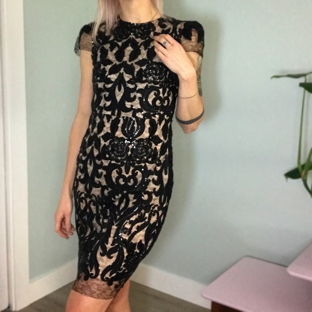 Just Me Mid-thigh Black Lace Sequin Mini Dress, size Small, EUC